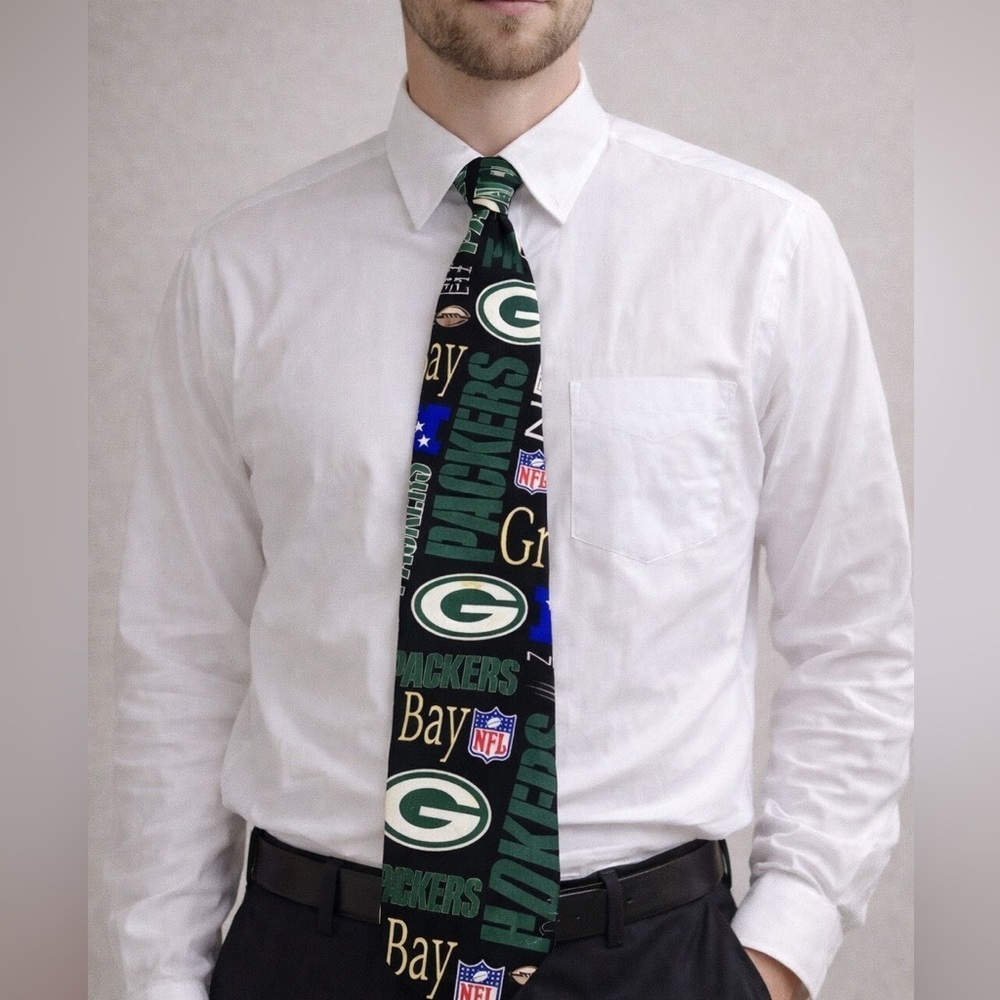 Vintage 1996 Green Bay Packers NFL Necktie | Logo Spell Out All Over Print 90s